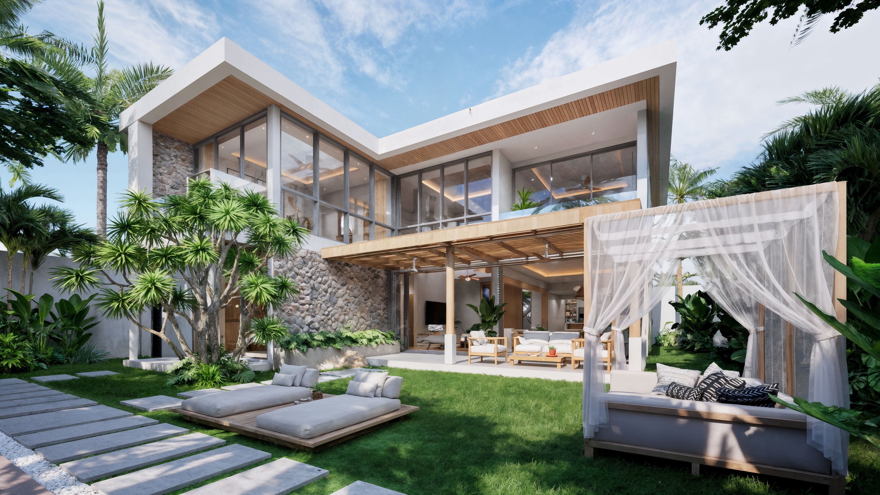 Villa rear elevation with terrace lounge